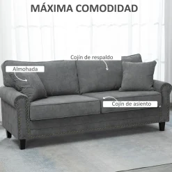Sofá Viator Homcom 3 plazas tapizado con cojines gris 89x196x80,5 cm