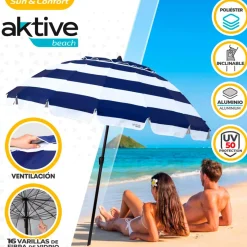 Sombrilla Air Max Aktive Beach altura regulable protección UV50 azul/blanco Ø240 cm