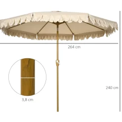 Sombrilla Boho Outsunny inclinable 45º + volantes + manivela blanco/madera Ø264x240 cm
