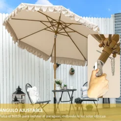 Sombrilla Boho Outsunny inclinable 45º + volantes + manivela blanco/madera Ø264x240 cm