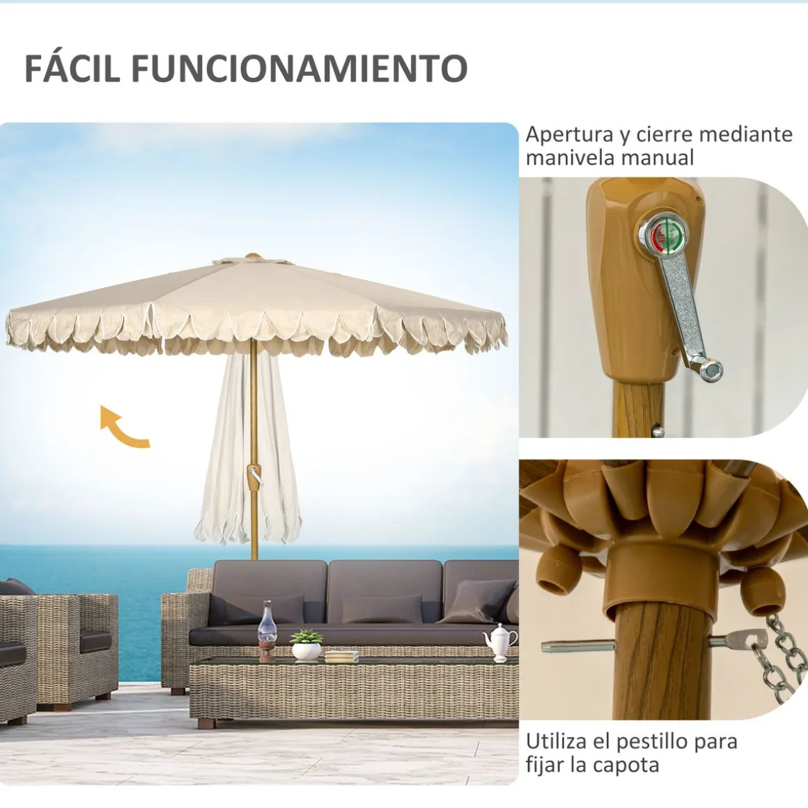 Sombrilla Boho Outsunny inclinable 45º + volantes + manivela blanco/madera Ø264x240 cm
