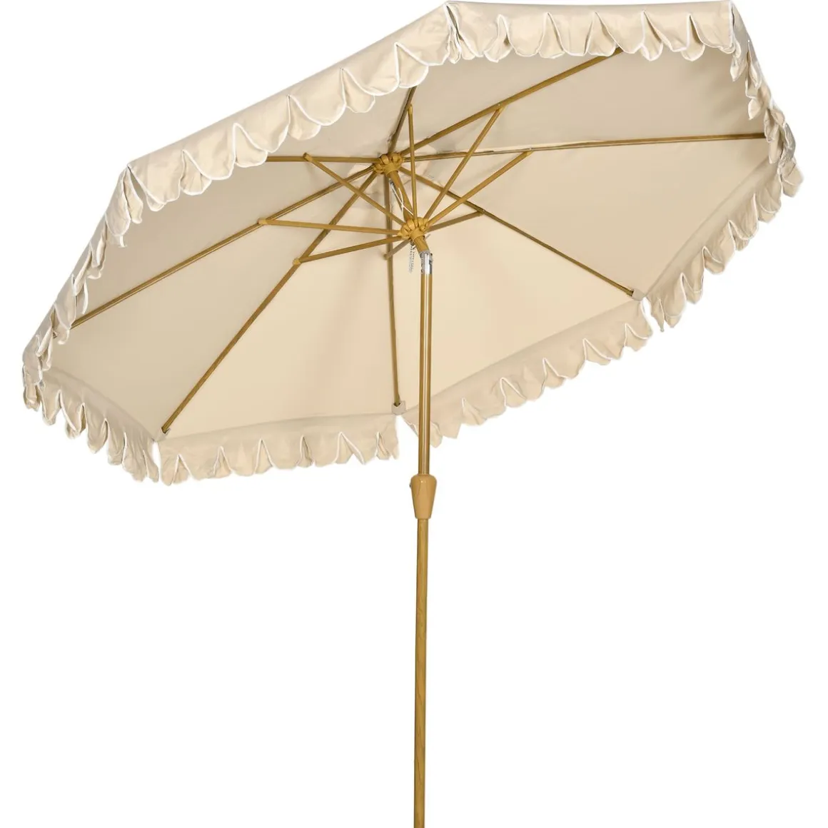 Sombrilla Boho Outsunny inclinable 45º + volantes + manivela blanco/madera Ø264x240 cm