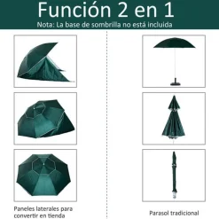 Sombrilla con paneles laterales Outsunny protección UV verde oscuro Ø210x222 cm