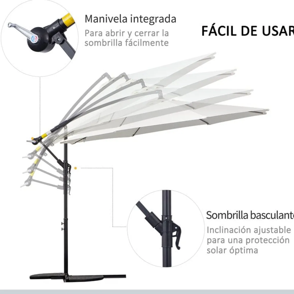 Sombrilla de jardín Outsunny inclinable con manivela crema Ø295x245 cm