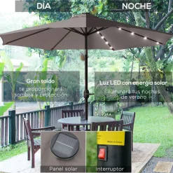 Sombrilla de jardín Outsunny 32 luces LED con manivela Ø265x233 cm