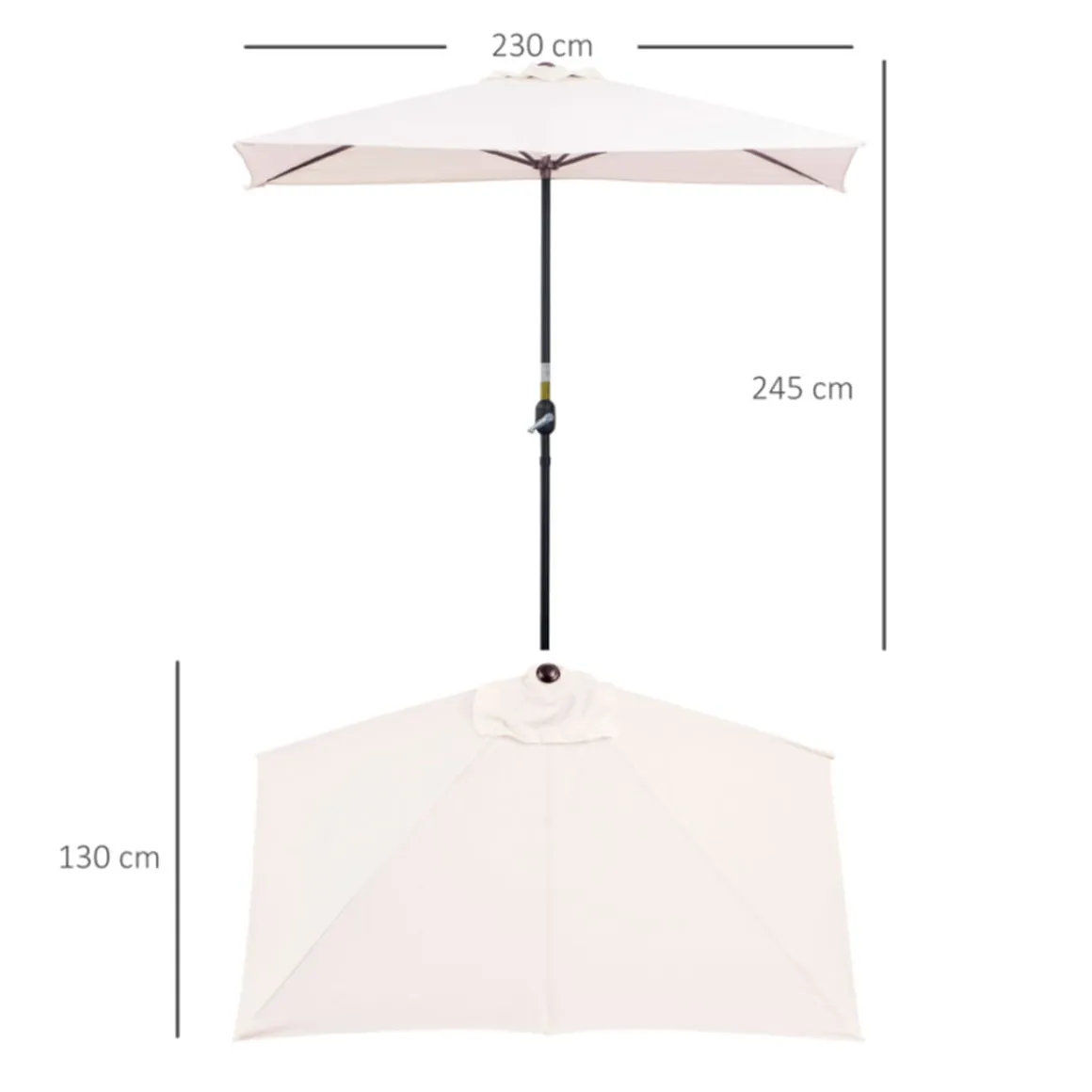 Sombrilla de jardín Outsunny semicircular con manivela crema 245x230x130 cm
