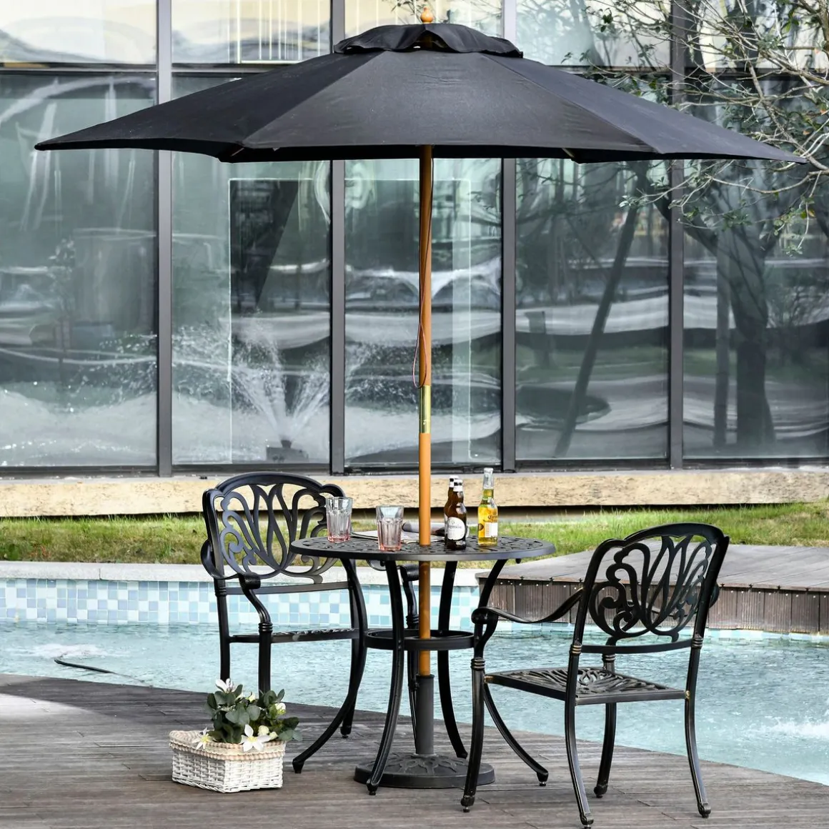 Sombrilla de jardín Outsunny apertura con cuerda negro Ø250x230 cm