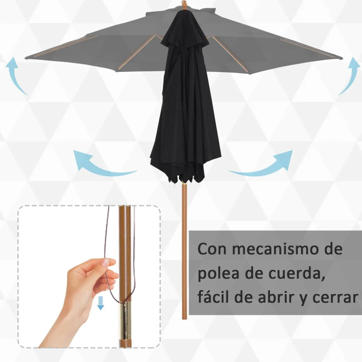 Sombrilla de jardín Outsunny apertura con cuerda negro Ø250x230 cm