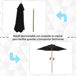 Sombrilla de jardín Outsunny apertura con cuerda negro Ø250x230 cm