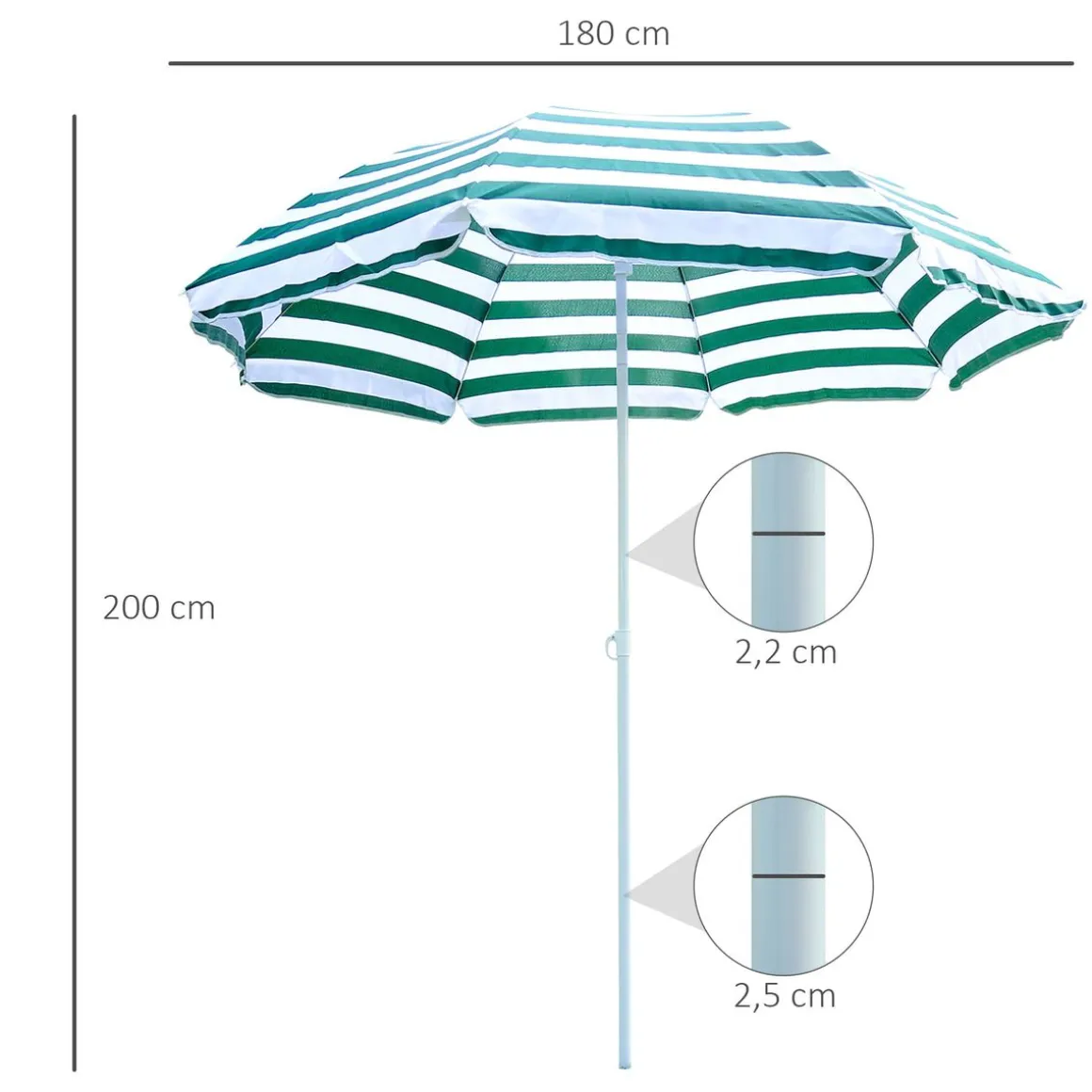 Sombrilla de playa Bristol Outsunny inclinable verde/blanco Ø180x200 cm