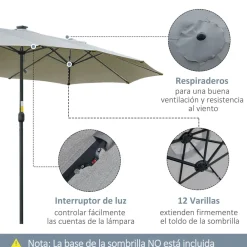 Sombrilla doble Buffalo Outsunny 2 niveles + 48 luces LED + manivela 240x450x265 cm