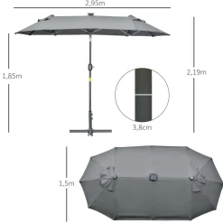 Sombrilla doble Dino Outsunny inclinable + luces LED gris 219x295x150 cm