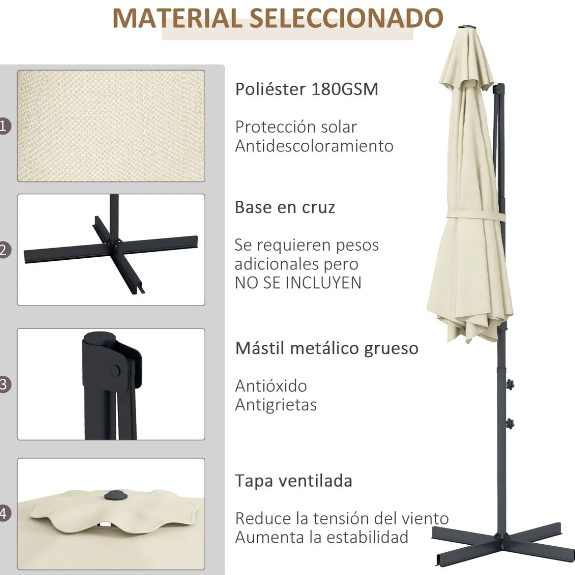 Sombrilla Jaguar Outsunny diseño excéntrico crema Ø296x242 cm