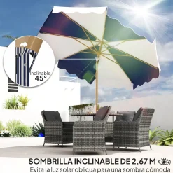 Sombrilla Marine Outsunny inclinable con manivela azul/blanco Ø267x238 cm