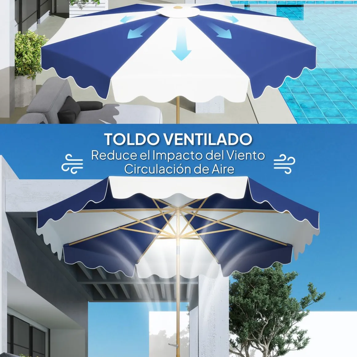 Sombrilla Marine Outsunny inclinable con manivela azul/blanco Ø267x238 cm
