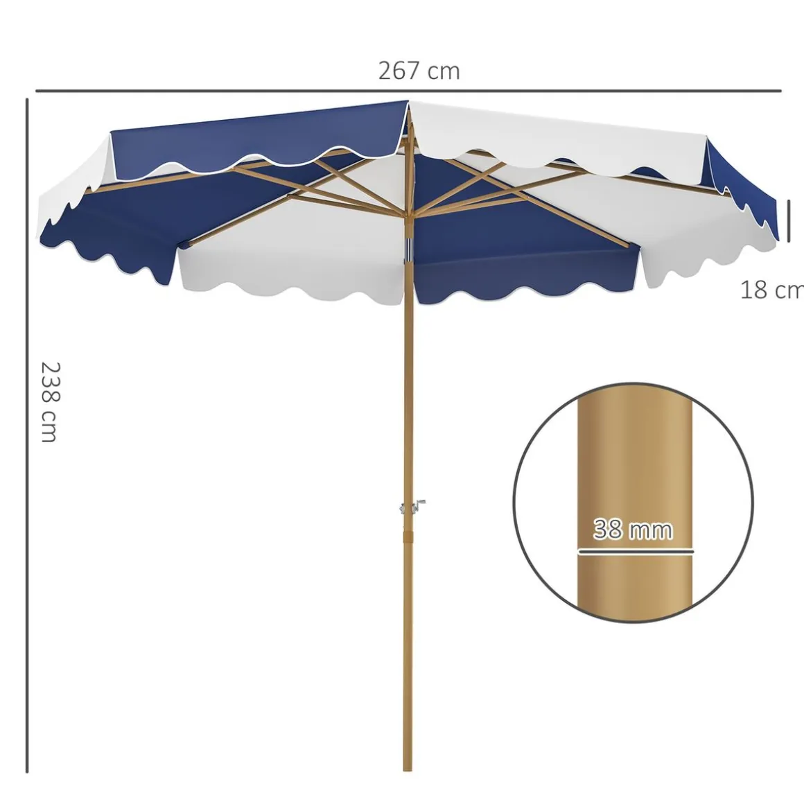 Sombrilla Marine Outsunny inclinable con manivela azul/blanco Ø267x238 cm