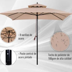 Sombrilla Rhio Outsunny 8 varillas doble techo beige 300x300 cm