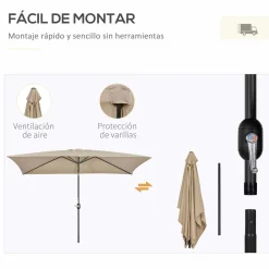 Sombrilla Sand Outsunny inclinable + plegable marrón 253x295x195 cm