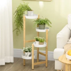 Soporte para plantas Outsunny 4 estantes bambú natural/blanco Ø28x80 cm