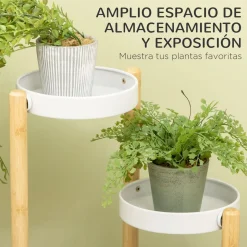 Soporte para plantas Outsunny 4 estantes bambú natural/blanco Ø28x80 cm