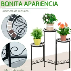 Soporte para plantas Outsunny 3 estantes negro 65x60x22 cm