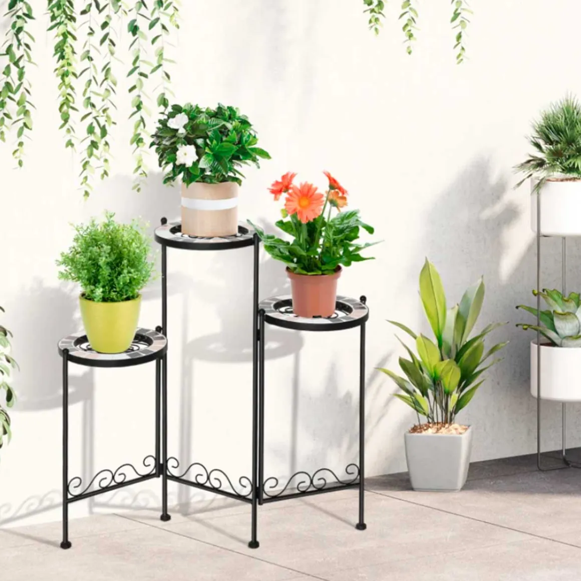 Soporte para plantas Outsunny 3 estantes negro 65x60x22 cm