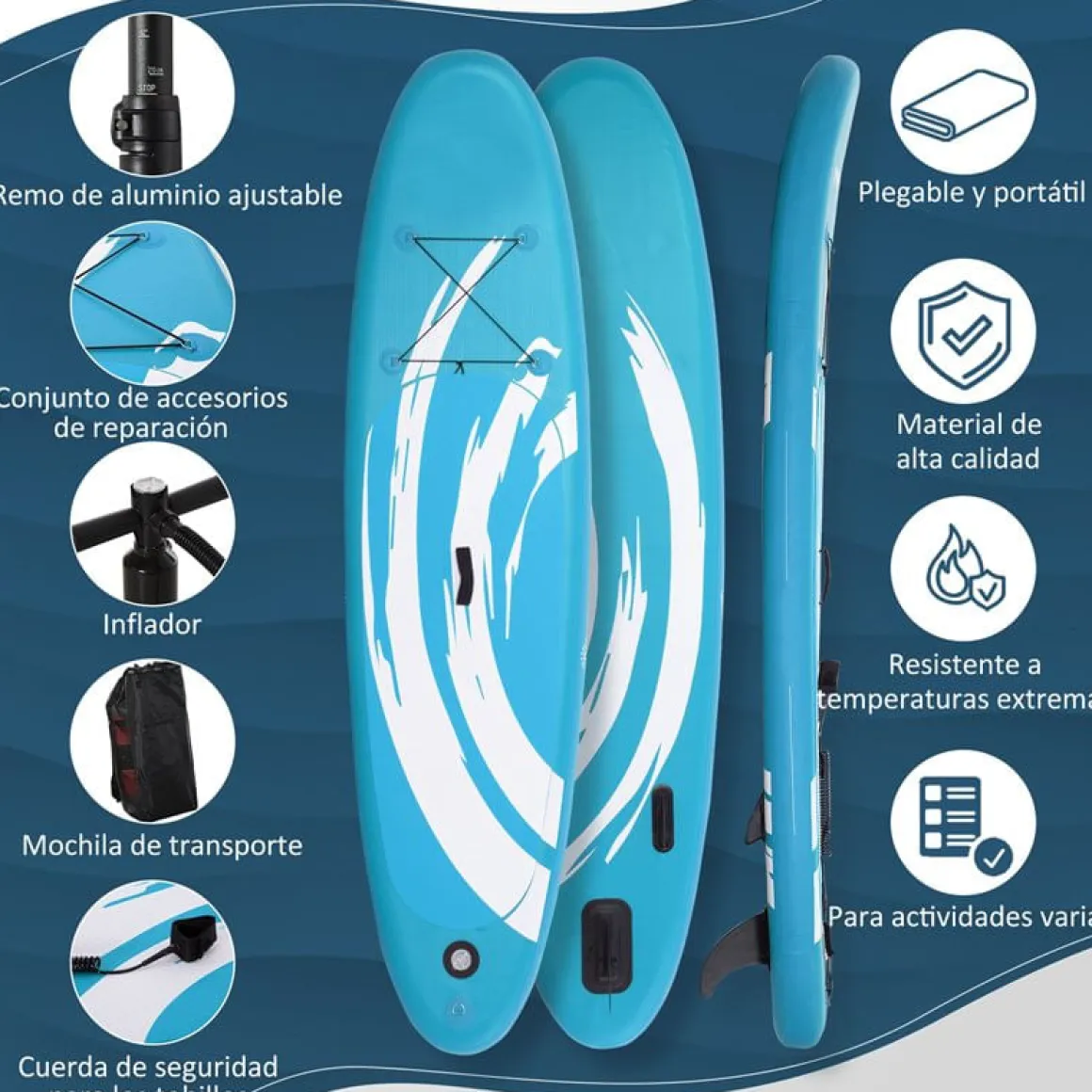 Tabla de paddle surf Outsunny hinchable con remo azul 15x76x300 cm