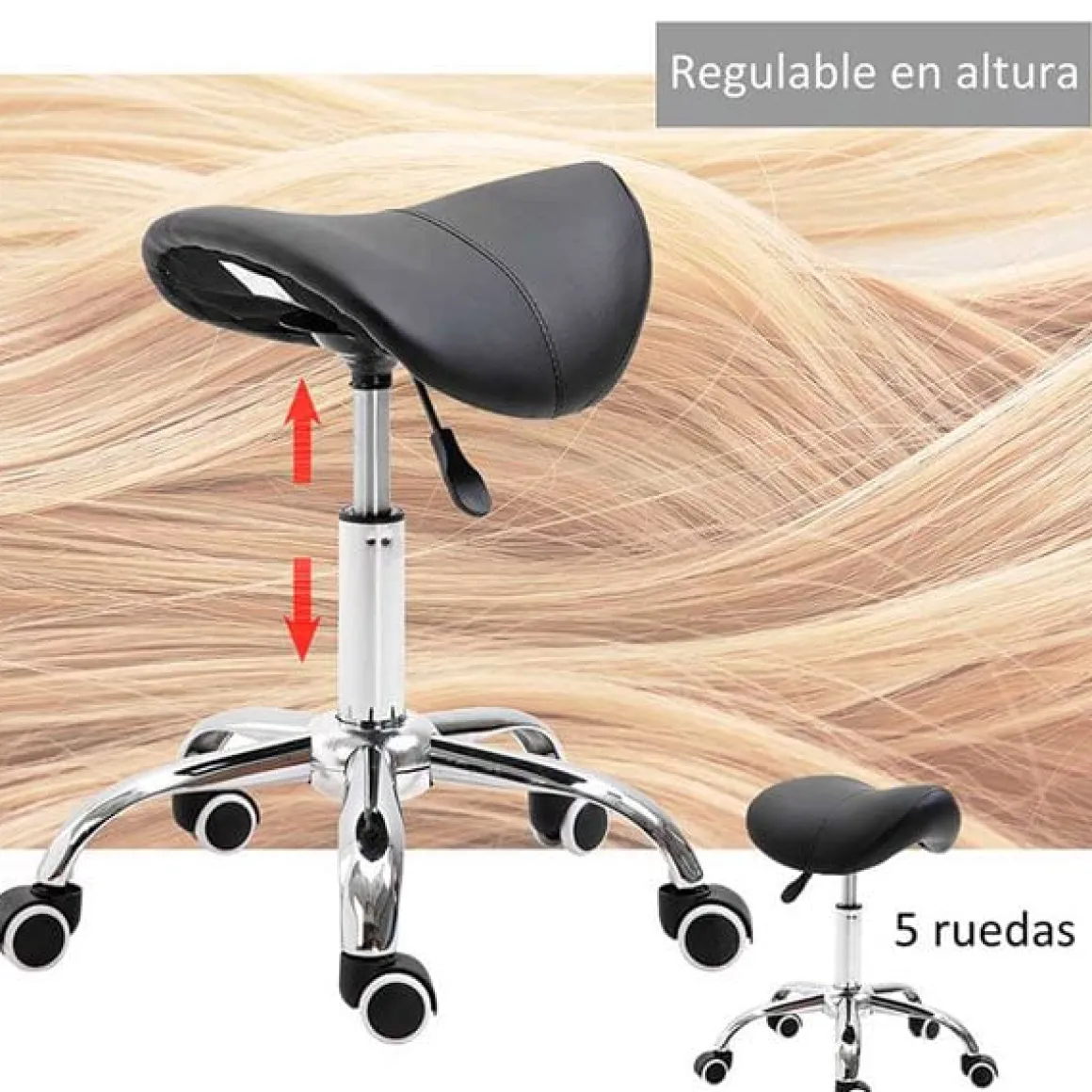 Taburete bajo con ruedas giratorio negro 49-61x53x52 cm