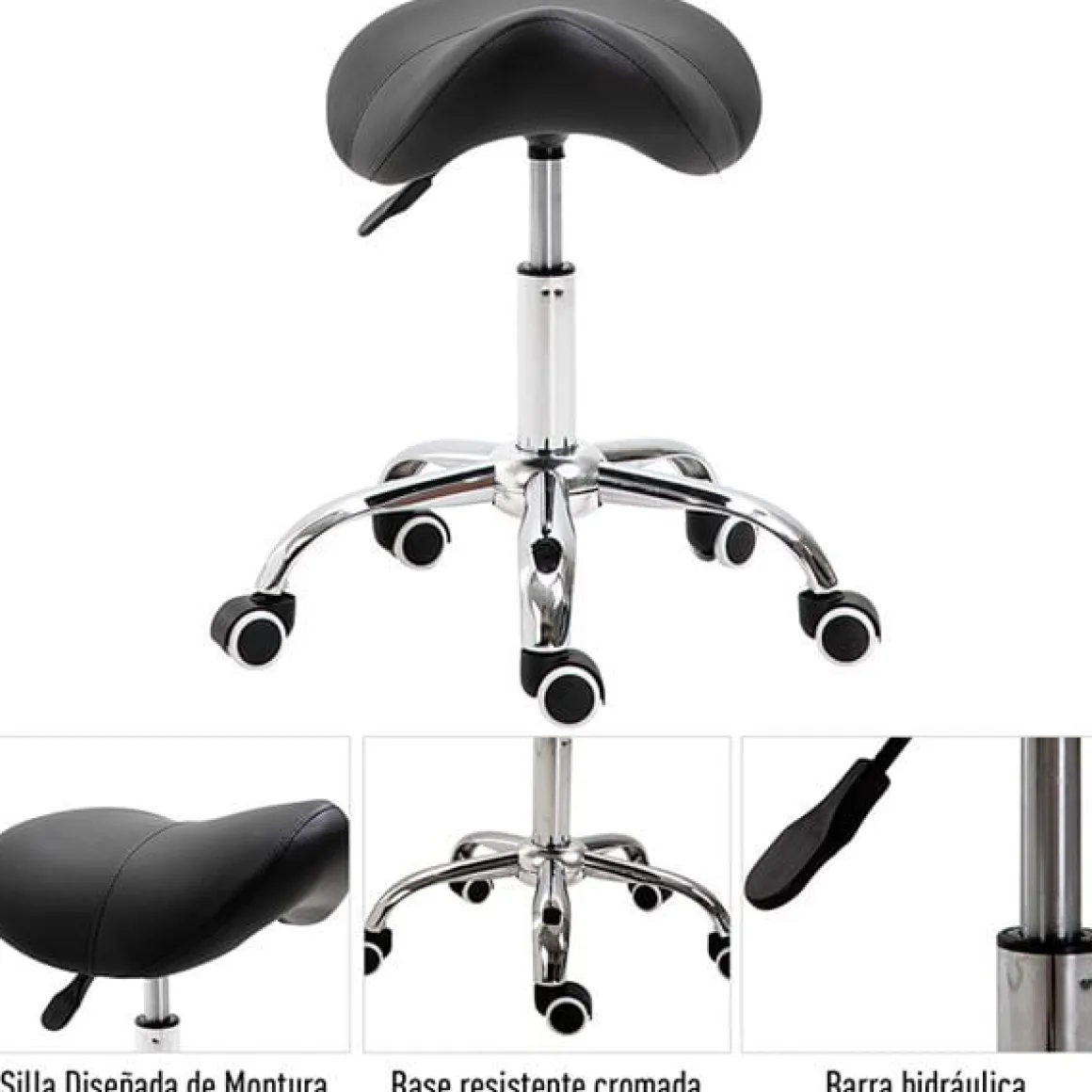 Taburete bajo con ruedas giratorio negro 49-61x53x52 cm