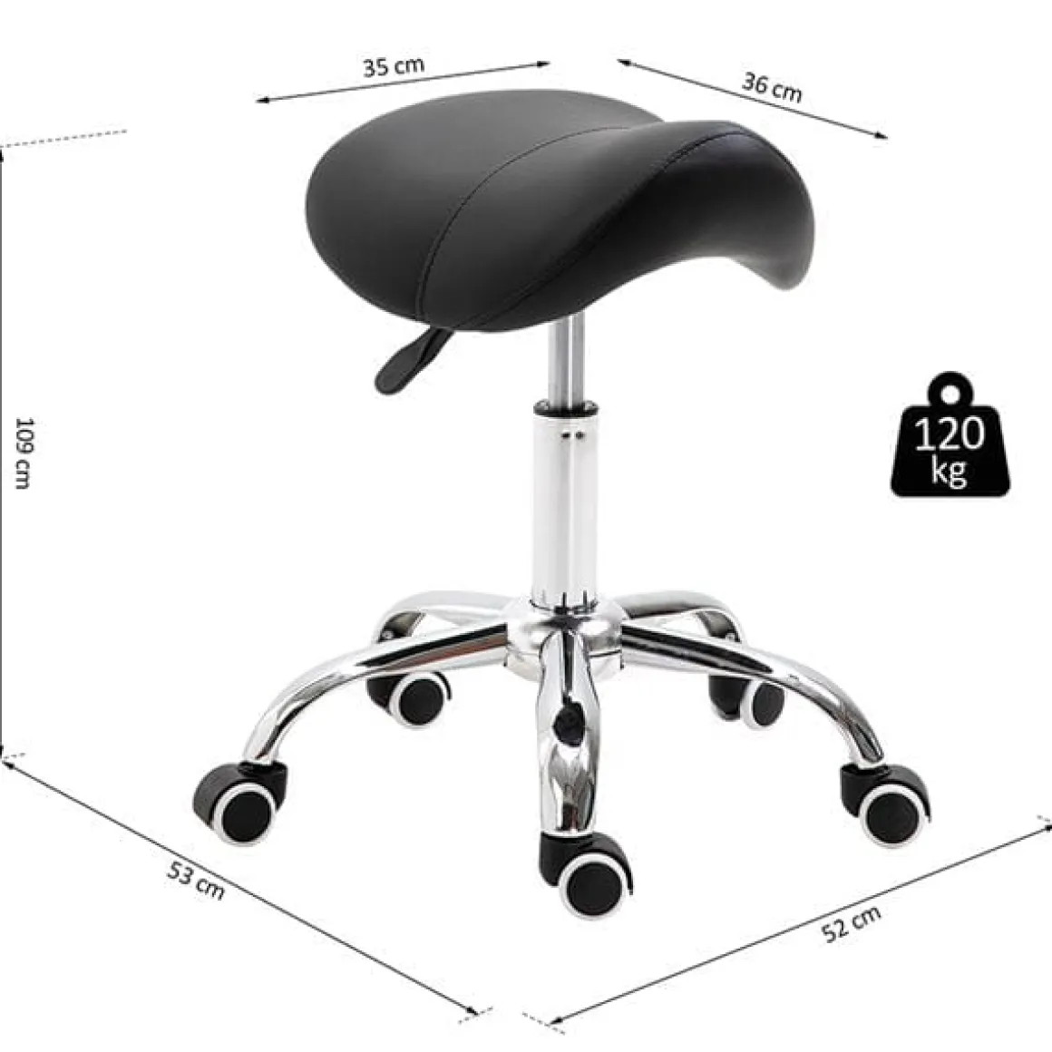 Taburete bajo con ruedas giratorio negro 49-61x53x52 cm