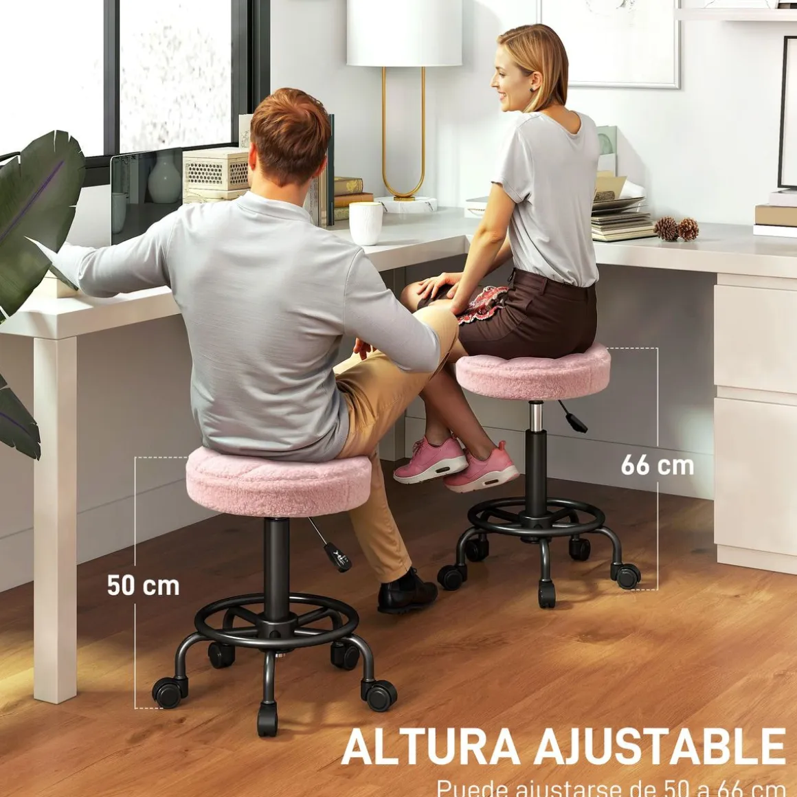 Taburete Wall Homcom diseño giratorio con ruedas Ø50x50-66 cm