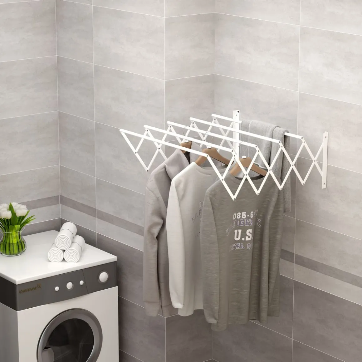Tendedero de pared extensible Homcom 5 barras blanco 20x60x63,5 cm