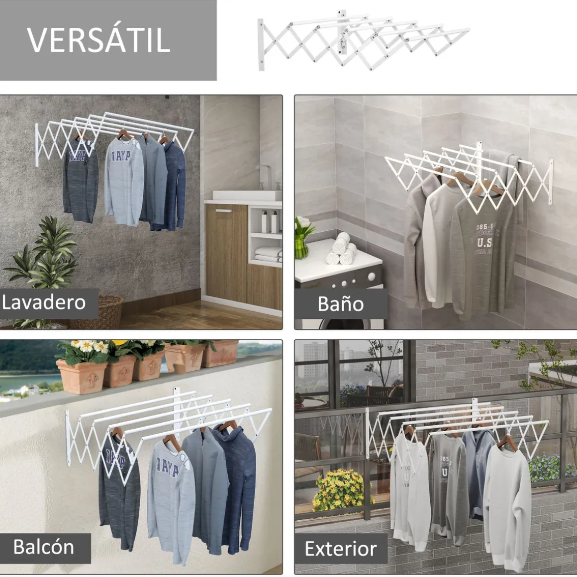 Tendedero de pared extensible Homcom 5 barras blanco 20x60x63,5 cm