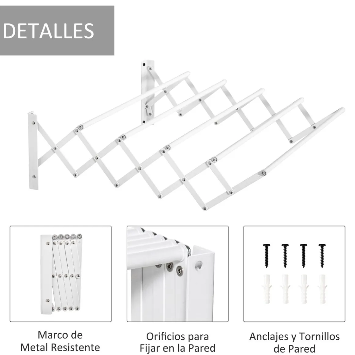 Tendedero de pared extensible Homcom 5 barras blanco 20x60x63,5 cm