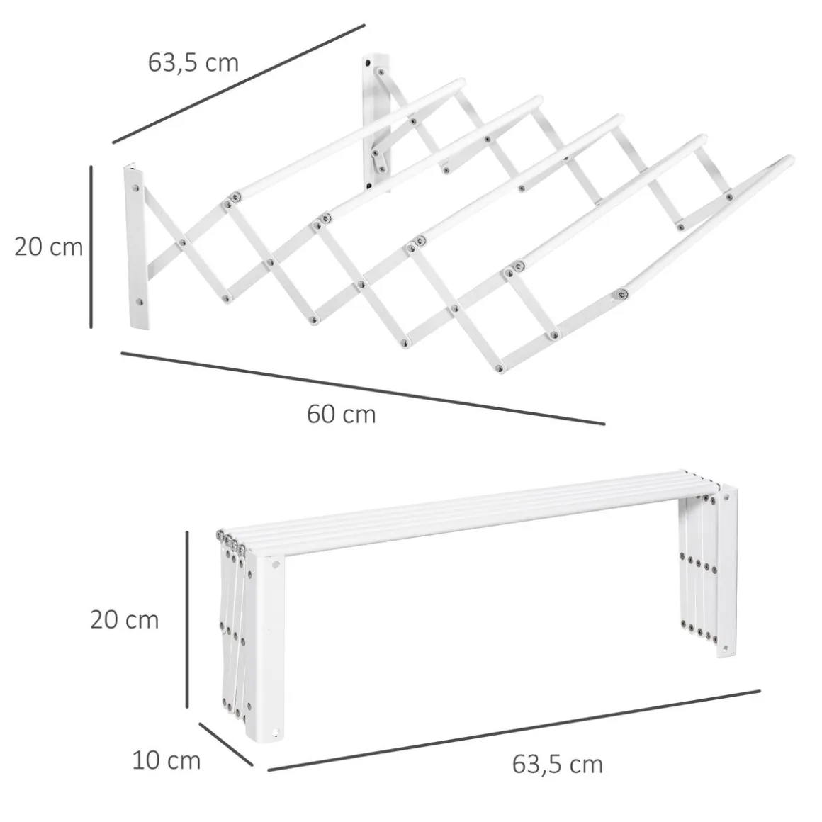 Tendedero de pared extensible Homcom 5 barras blanco 20x60x63,5 cm