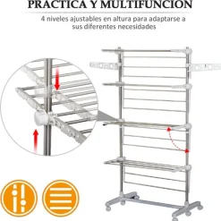 Tendedero de ropa Homcom 4 niveles con ruedas plegable 172x80-142x55 cm