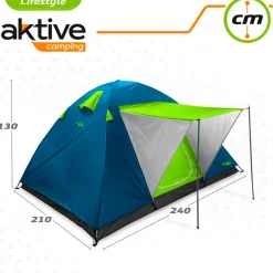 Tienda de campaña Aktive Camping 4 personas con toldo verde/azul 130x240x210 cm