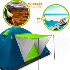 Tienda de campaña Aktive Camping 4 personas con toldo verde/azul 130x240x210 cm