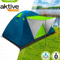 Tienda de campaña Aktive Camping 4 personas con toldo verde/azul 130x240x210 cm