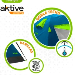 Tienda de campaña Aktive Camping 4 personas con toldo verde/azul 130x240x210 cm
