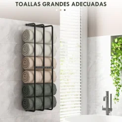 Toallero de pared Merlín Homcom 6 toallas extragrandes metal negro 74x21x12 cm