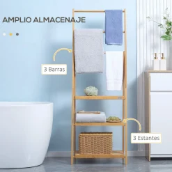 Toallero de pie Camelot Homcom 3 barras + 3 estantes bambú natural 152x53x40,5 cm