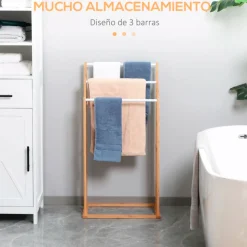 Toallero de pie Homcom 3 barras 3 alturas natural/blanco 94x48x25,8 cm