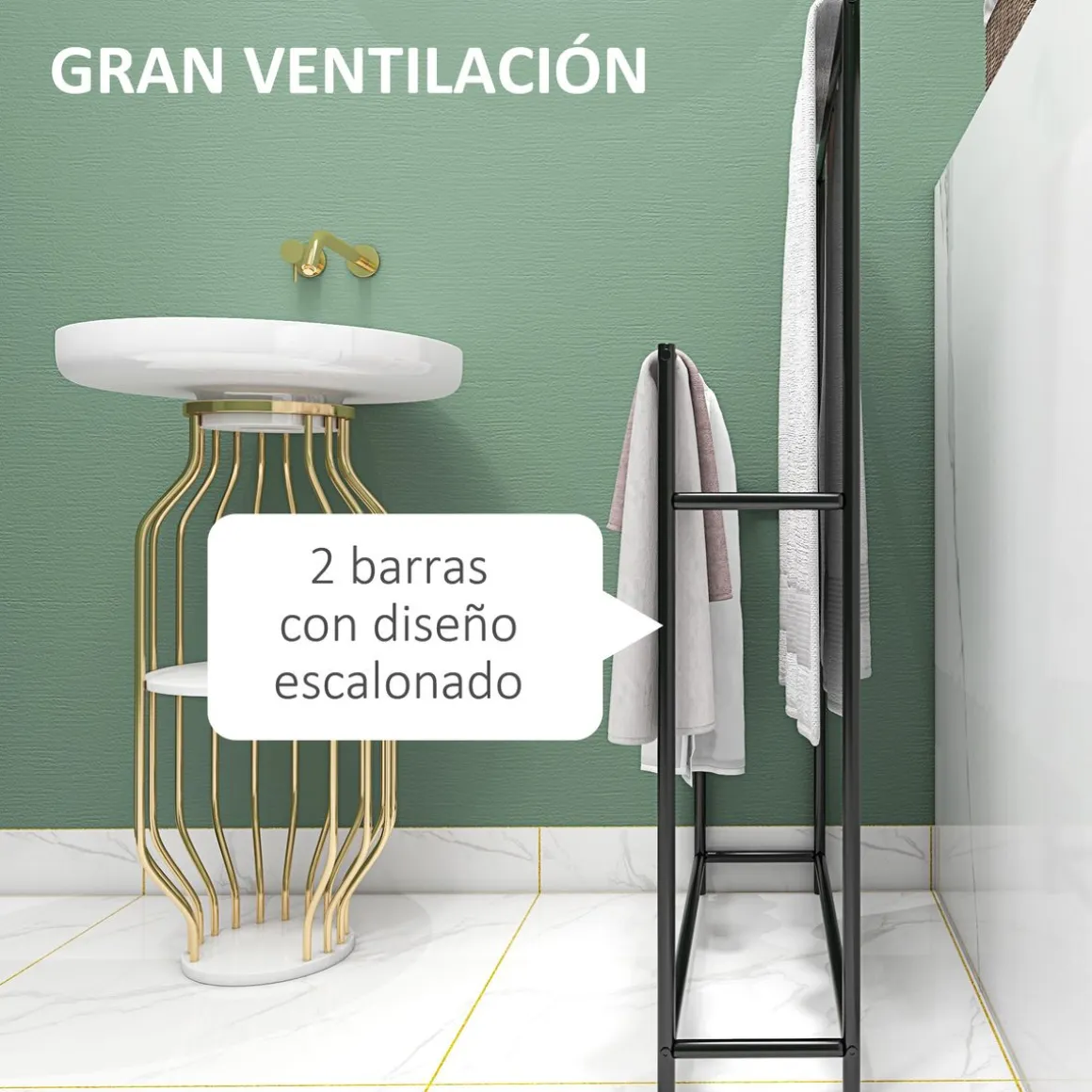 Toallero de pie Lanzarote Homcom 2 barras para colgar metal negro 110x66x20 cm
