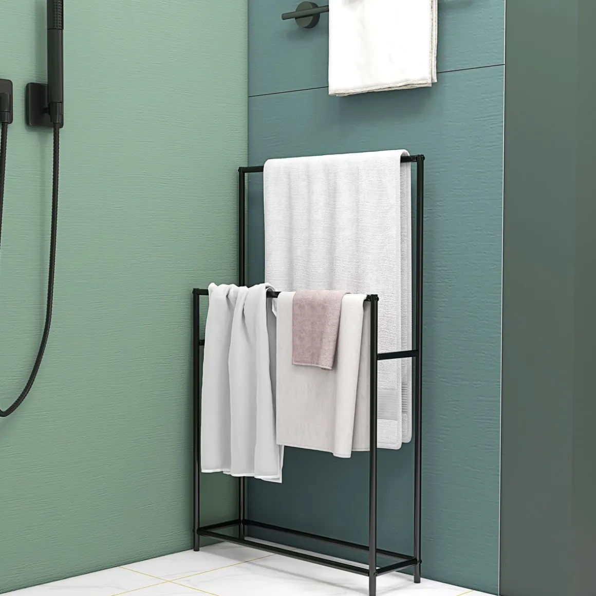 Toallero de pie Lanzarote Homcom 2 barras para colgar metal negro 110x66x20 cm