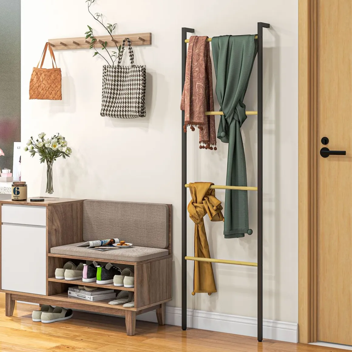 Toallero Ginebra Homcom 4 niveles escalonado bambú y madera negro 167,5x49x5,5 cm