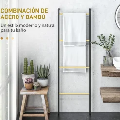 Toallero Ginebra Homcom 4 niveles escalonado bambú y madera negro 167,5x49x5,5 cm