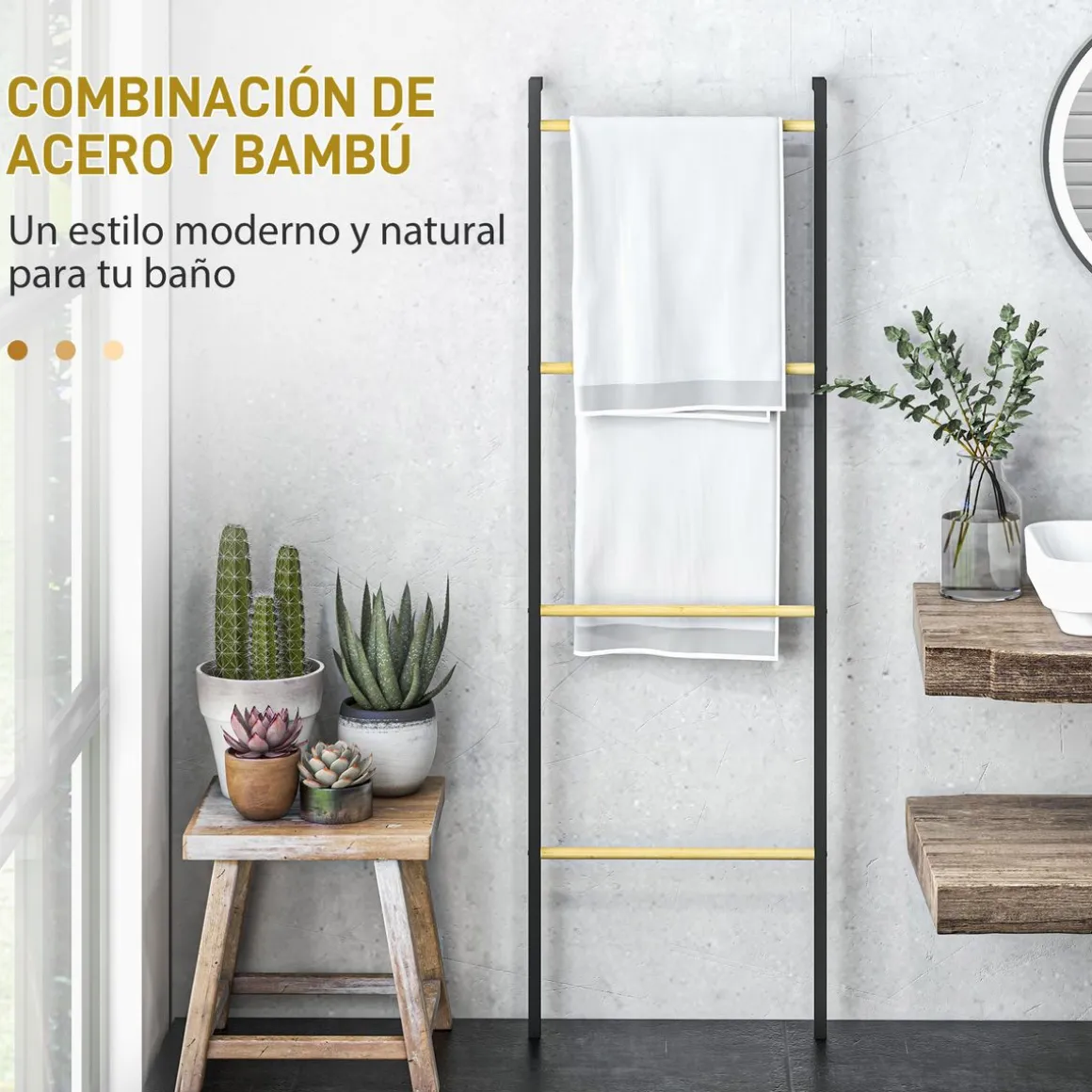 Toallero Ginebra Homcom 4 niveles escalonado bambú y madera negro 167,5x49x5,5 cm