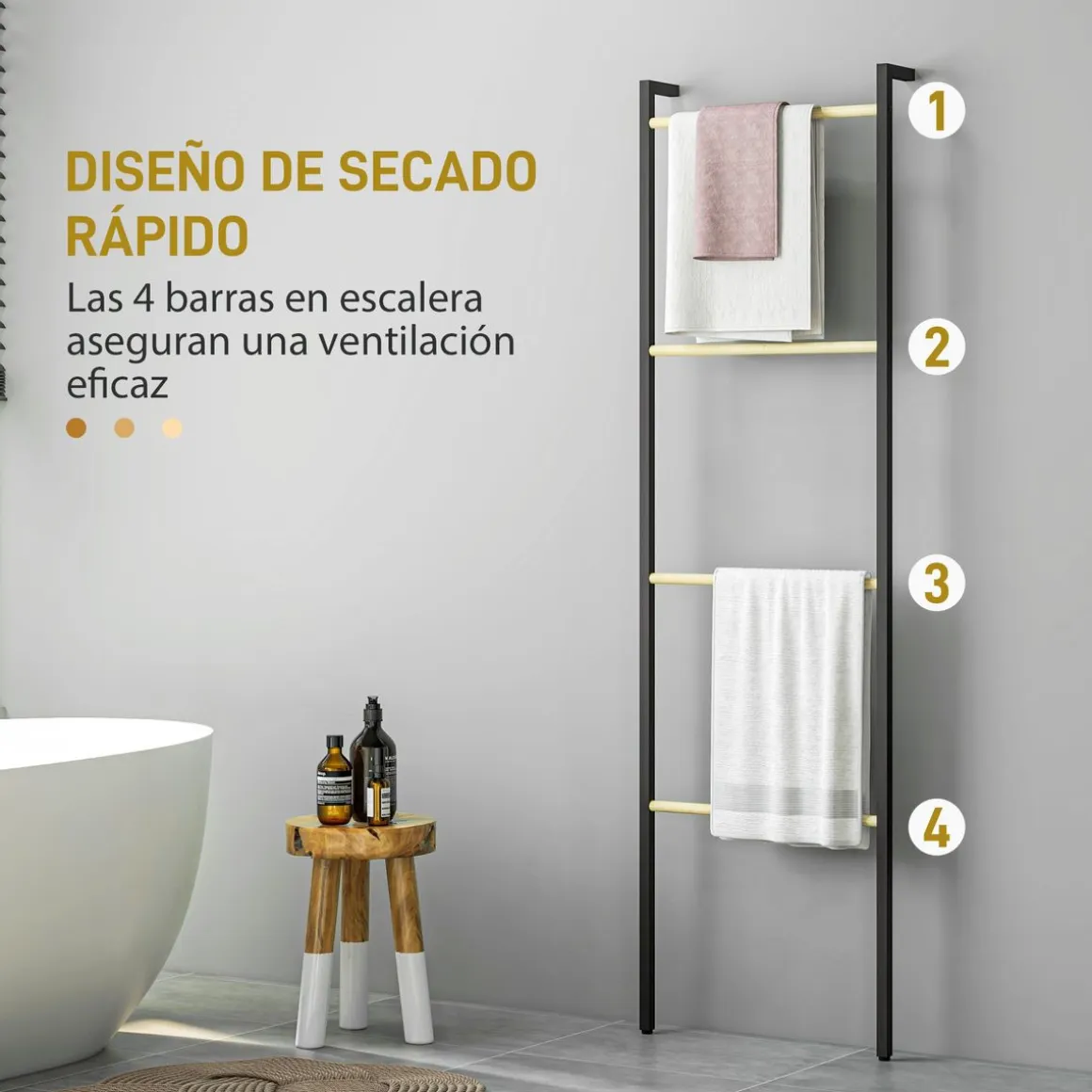 Toallero Ginebra Homcom 4 niveles escalonado bambú y madera negro 167,5x49x5,5 cm