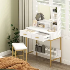 Tocador Aura Homcom 2 cajones + espejo LED + taburete blanco/dorado